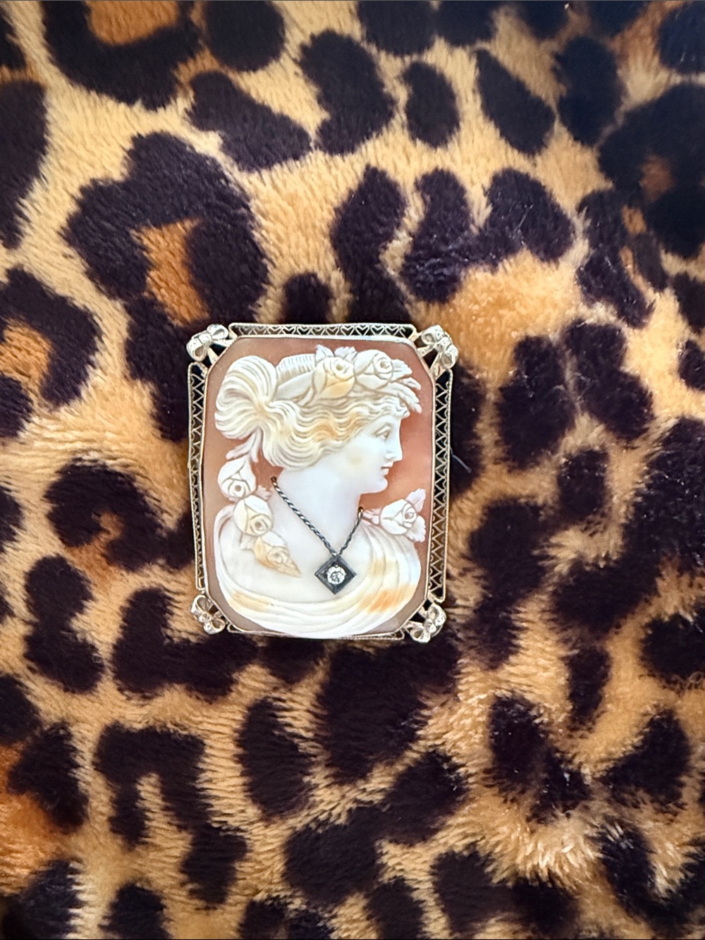 Large cameo, 14kt white gold.  Filligree design. Great condition for age!